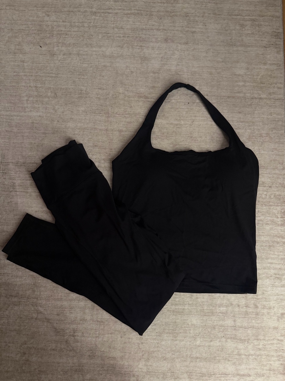Black Halter Neck Leggings Set - Women's Activewear